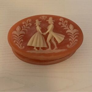 VTG Antique 8" Pink Oval Soapstone Jewelry Trinket Box Glass Floral Wedding Love